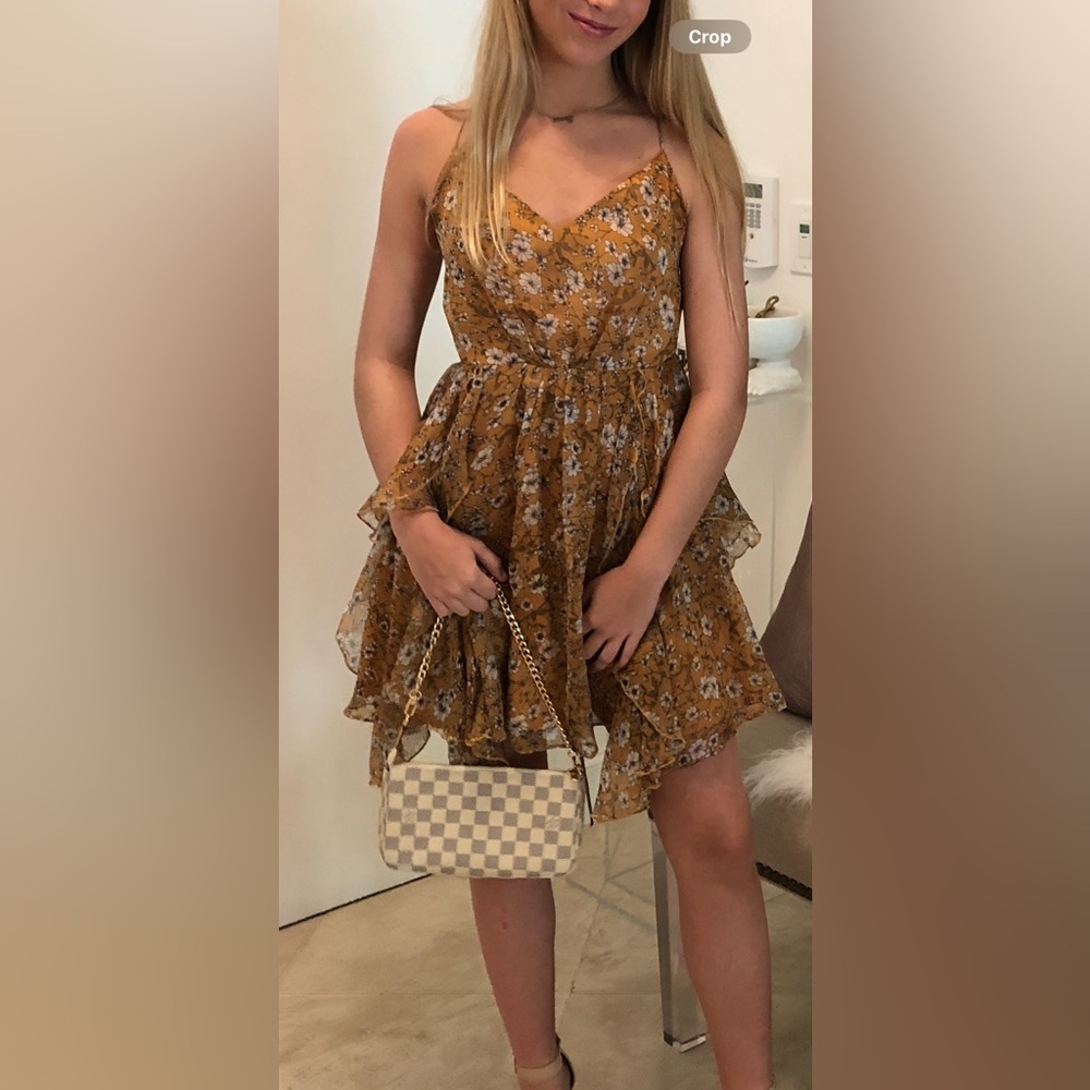 Blush Boutique Gold/Orange and Blue Flowers Fashion Mini Dress